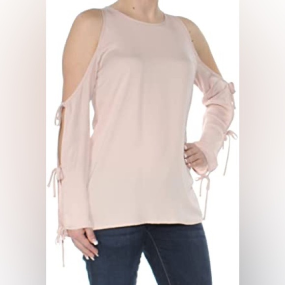 Revolve L'Academie Cold Shoulder Tie Long Sleeve Blouse Taupe Pink Size Medium - Picture 3 of 16